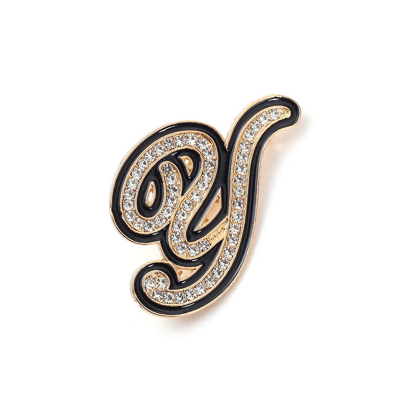 Black Enameled Initial Letter Rhinestone 26 Alphabet Brooch