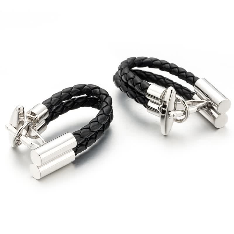 Men's 1 Pair Black Wedding Knit Button Braided Leather Cufflinks