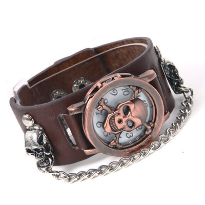 Men's Rock Silver River Chain Leather Watch With Skull Cover