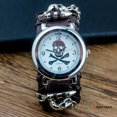 Men's Rock Skull Dial Silver River Chain Leather Watch