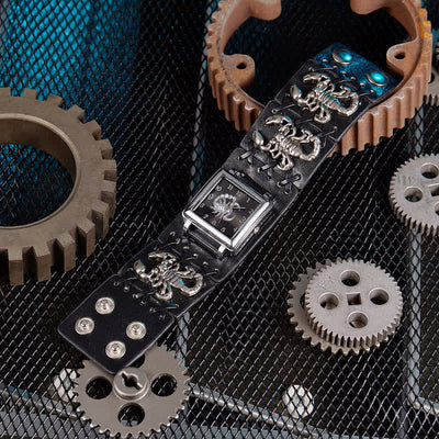 Men's Skull Rivet Black Leather Bracelet Watch