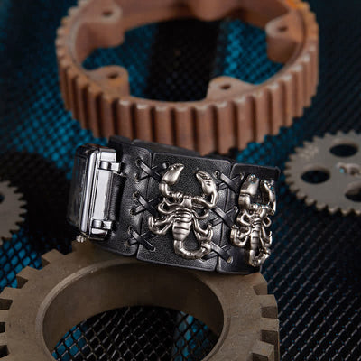 Men's Skull Rivet Black Leather Bracelet Watch