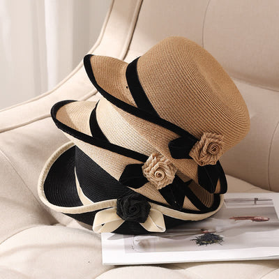 Women's Elegant Two Tone Floral Foldable StrawHat