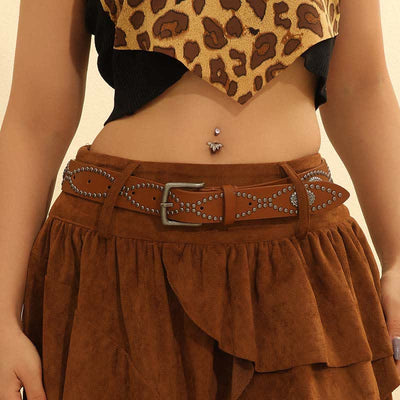 Women's Western Style Antique Silver Rivet Accents Leather Belt