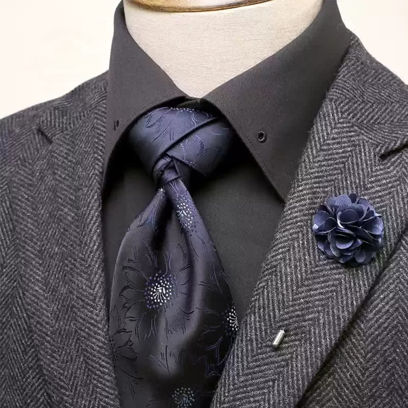 2Pcs Men's Navy Daisy Flower Pattern Wide Necktie Corsage Set
