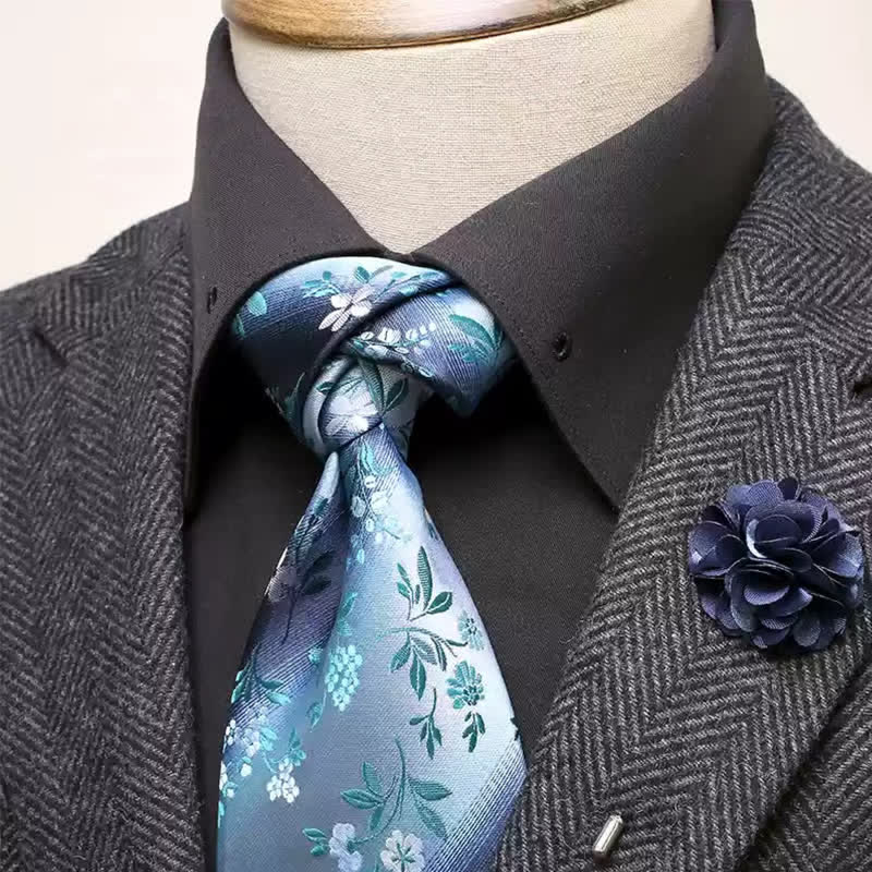 2Pcs Men's LightCyan & Navy Flower Pattern Wide Necktie Corsage Set