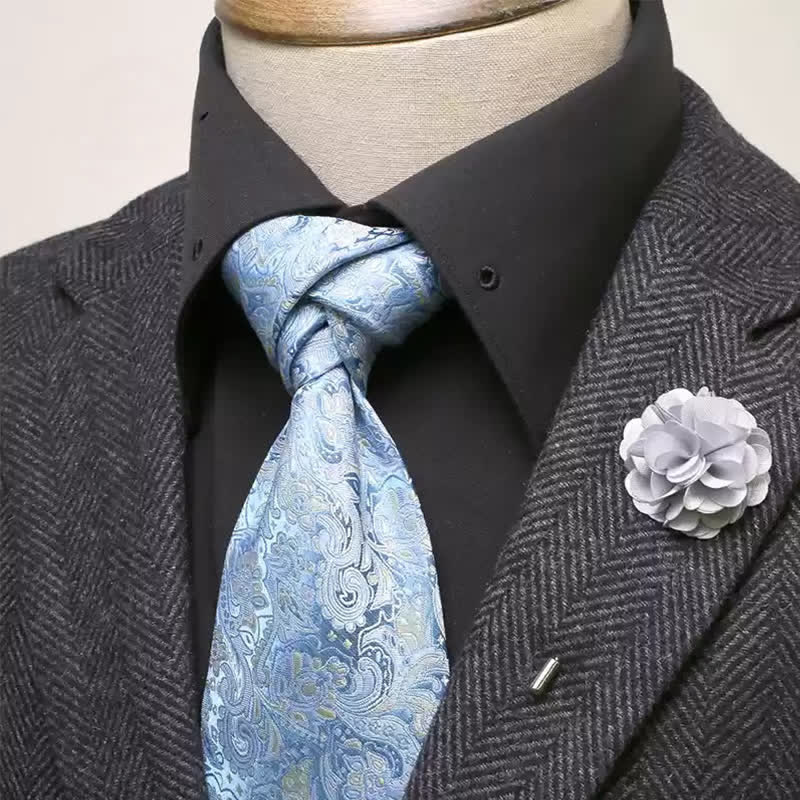 2Pcs Men's Light Sky Blue Paisley Pattern Wide Necktie Corsage Set