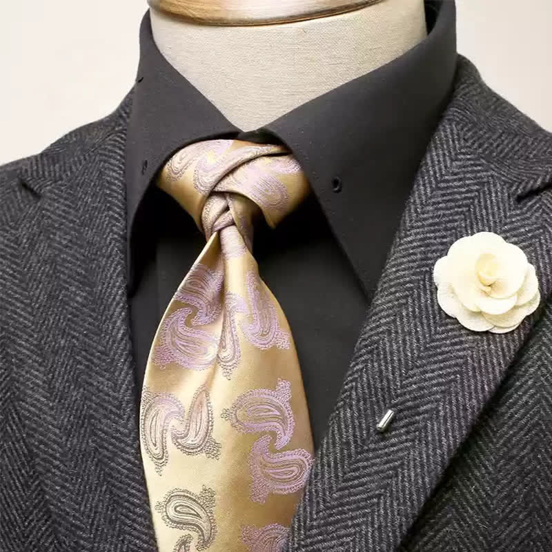 2Pcs Men's Gold & Violet Paisley Motifs Wide Necktie Corsage Set
