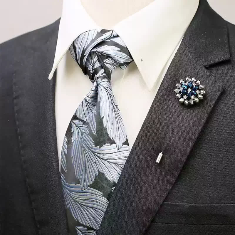 2Pcs Men's Light Blue & Black Feather Motifs Wide Necktie Corsage Set