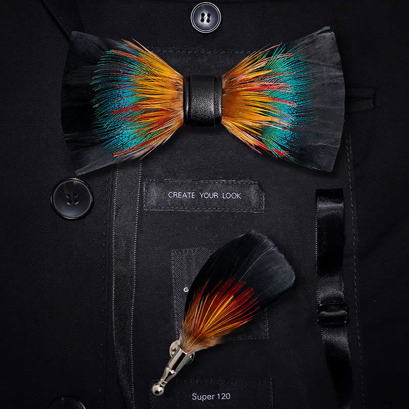 Kid's Black & Multicolored Blossom Feather Bow Tie with Lapel Pin