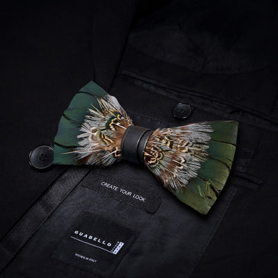 Forest Green Pheasant Feather Bow Tie with Lapel Pin