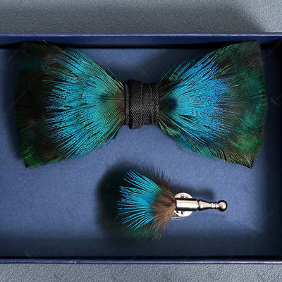 Kid's Aurora Blue & Green Feather Bow Tie with Lapel Pin