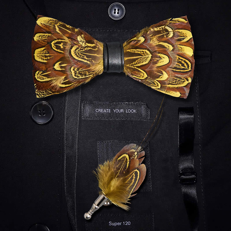 Yellow & Umber Pheasant Feather Bow Tie with Lapel Pin