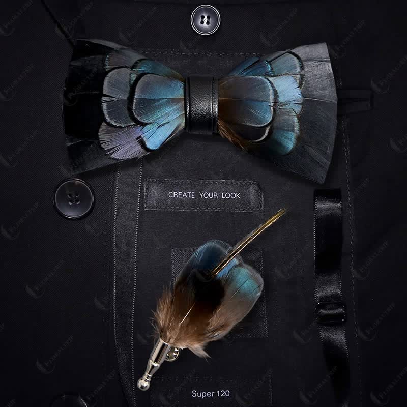 Kid's MidnightBlue Mysterious Feather Bow Tie with Lapel Pin