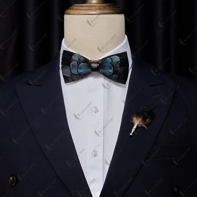 Kid's MidnightBlue Mysterious Feather Bow Tie with Lapel Pin