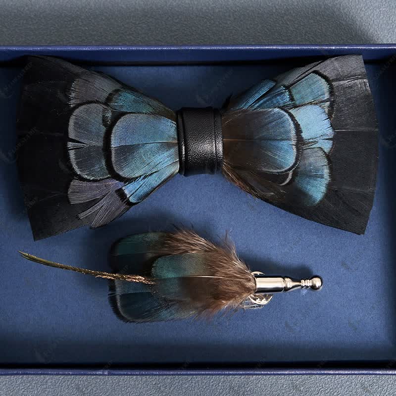 Kid's MidnightBlue Mysterious Feather Bow Tie with Lapel Pin