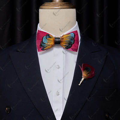 Kid's Pink & Orange Symmetrical Feather Bow Tie with Lapel Pin