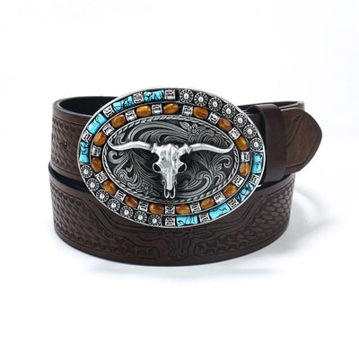 Men's Western Cowboy Turquoise Bull Leather Belt