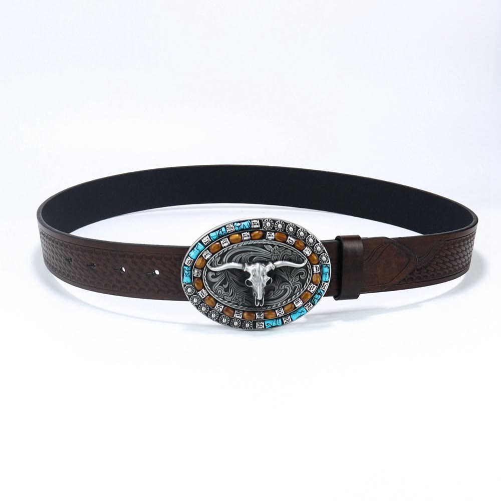 Men's Western Cowboy Turquoise Bull Leather Belt