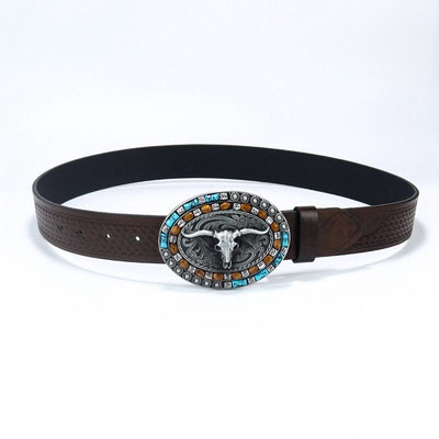 Men's Western Cowboy Turquoise Bull Leather Belt