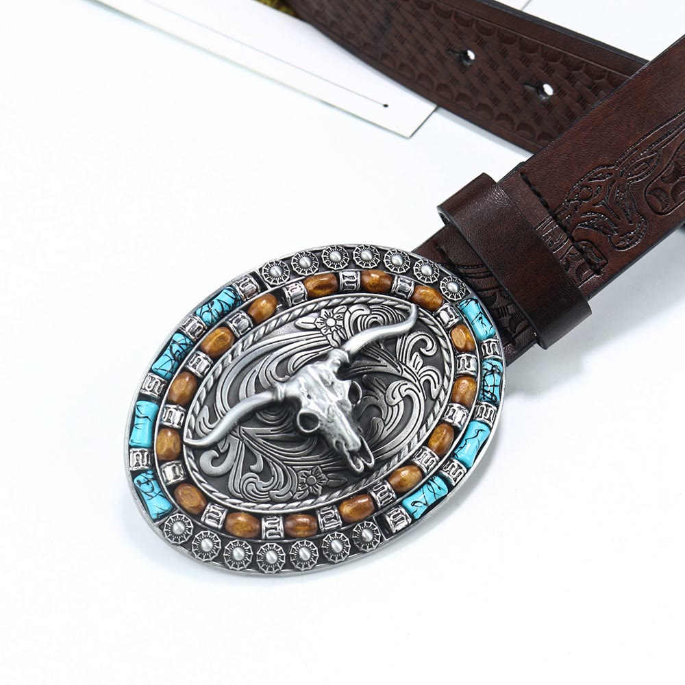 Men's Western Cowboy Turquoise Bull Leather Belt