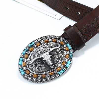Men's Western Cowboy Turquoise Bull Leather Belt