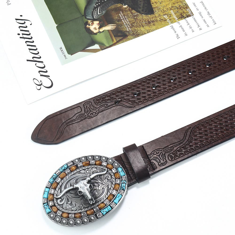 Men's Western Cowboy Turquoise Bull Leather Belt