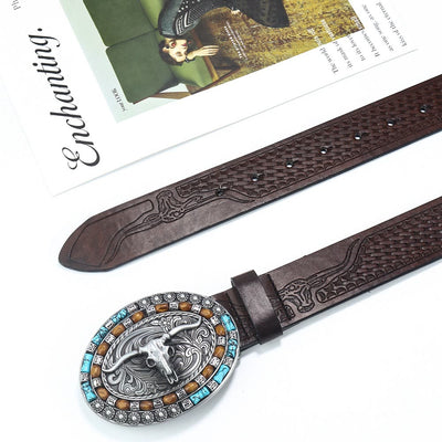 Men's Western Cowboy Turquoise Bull Leather Belt