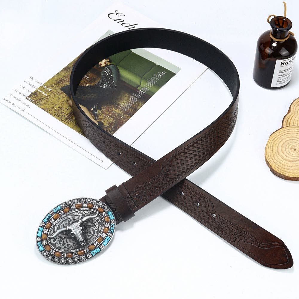 Men's Western Cowboy Turquoise Bull Leather Belt