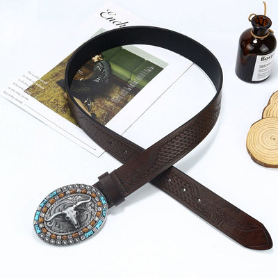 Men's Western Cowboy Turquoise Bull Leather Belt