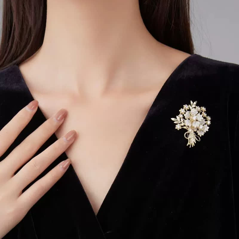 Women's Gold Rhinestones Bridal Flower Bouquet Brooch