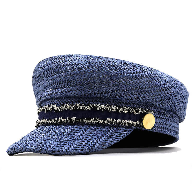 Women's Flat-topped Navy Cap Croche Straw Beret Hat
