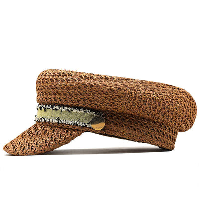 Women's Flat-topped Navy Cap Croche Straw Beret Hat