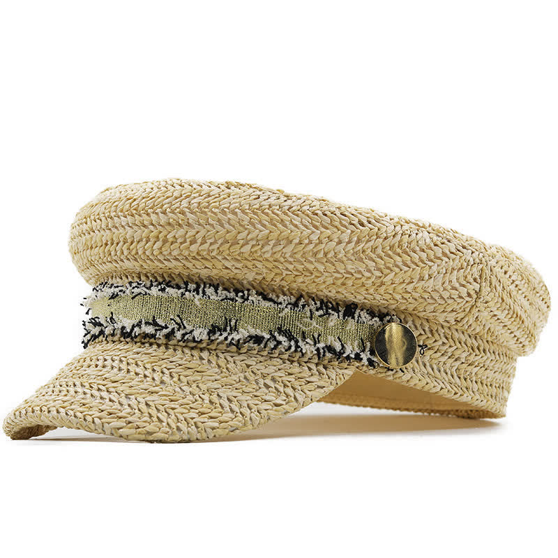 Women's Flat-topped Navy Cap Croche Straw Beret Hat