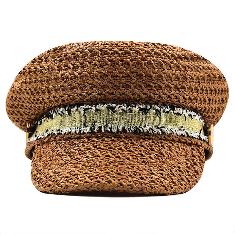 Women's Flat-topped Navy Cap Croche Straw Beret Hat