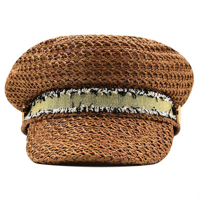 Women's Flat-topped Navy Cap Croche Straw Beret Hat