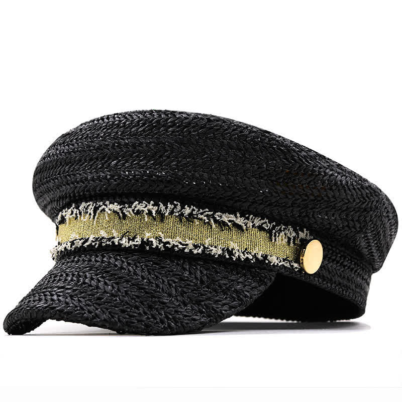 Women's Flat-topped Navy Cap Croche Straw Beret Hat
