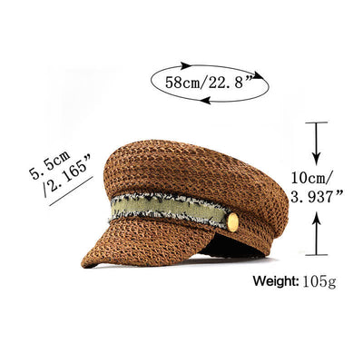 Women's Flat-topped Navy Cap Croche Straw Beret Hat