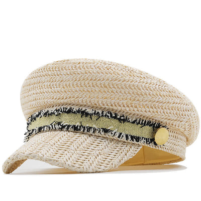 Women's Flat-topped Navy Cap Croche Straw Beret Hat