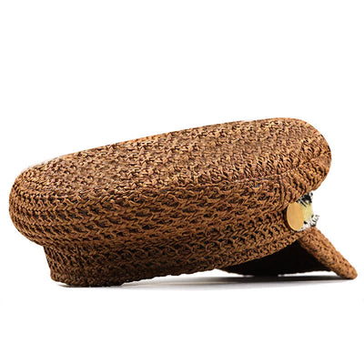 Women's Flat-topped Navy Cap Croche Straw Beret Hat