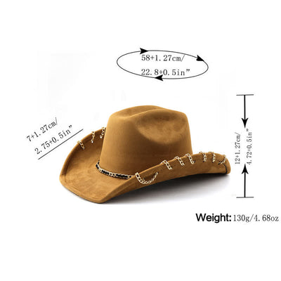 Punk Golden Metal Chain All-Season Suede Velvet Cowboy Hat