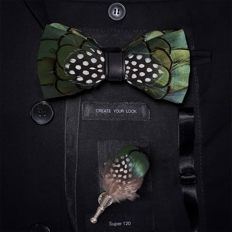 Chic Dark Green Feather Bow Tie with Lapel Pin