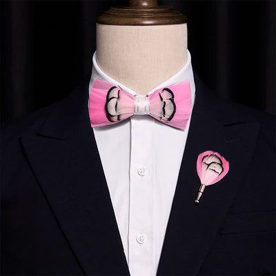 Powerfully Pink Feather Bow Tie with Lapel Pin