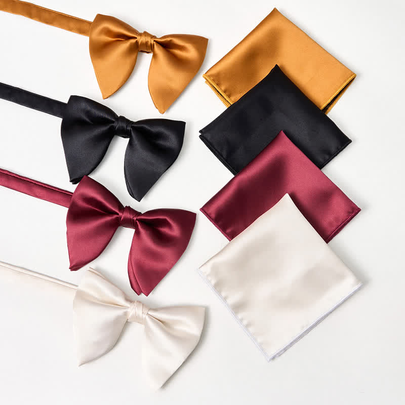 Men's British Style Solid Color Oversized Pointed Bow Tie Pocket Square