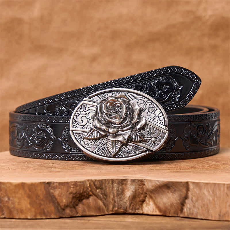 Men's DIY Western Rose Hidden Folding Knife Leather Belt - Western Rose - Black Carved Belt - 42 - image 8