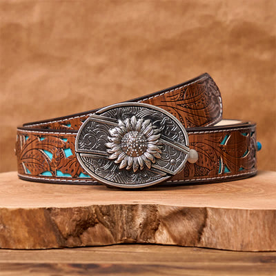 Men's DIY Sunflower Hidden Folding Knife Leather Belt