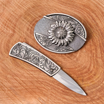 Men's DIY Sunflower Hidden Folding Knife Leather Belt