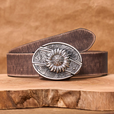 Men's DIY Sunflower Hidden Folding Knife Leather Belt - Sunflower - Brown Distressed Belt - 42 - image 10