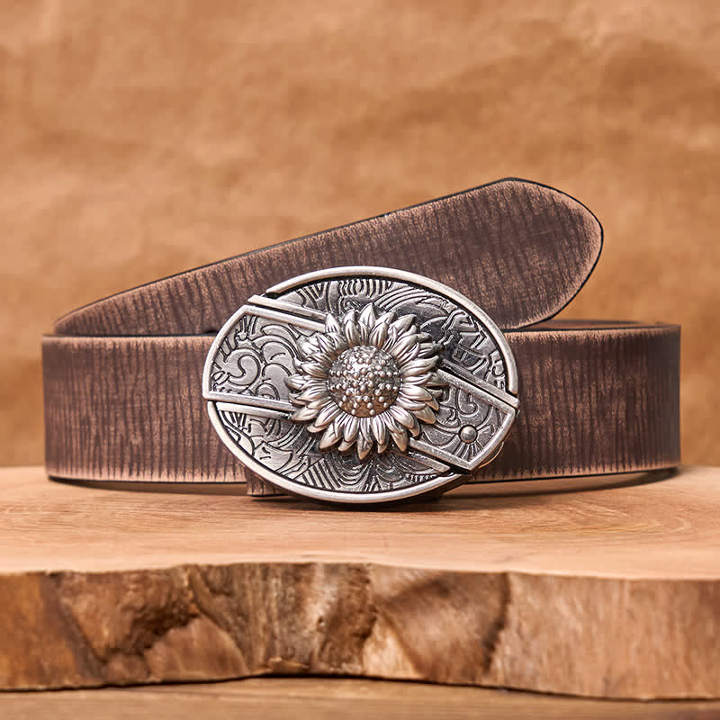 Men's DIY Sunflower Hidden Folding Knife Leather Belt