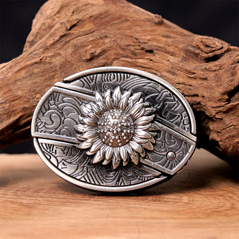 Men's DIY Sunflower Hidden Folding Knife Leather Belt